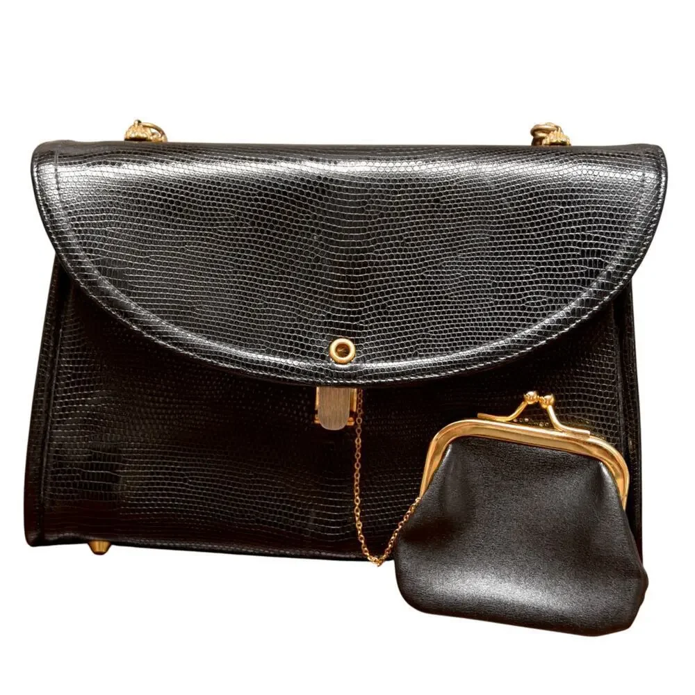 1950s Koret Black Pebble Leather Handbag | Mid-Century Chain Strap